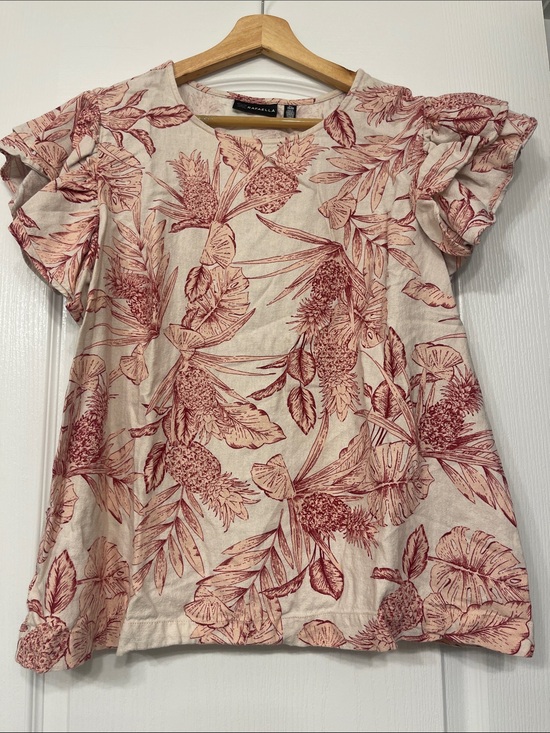 Rafaella Tops - Rafaella Cream Top with Pink Floral Print and Ruffle Sleeves XL linen